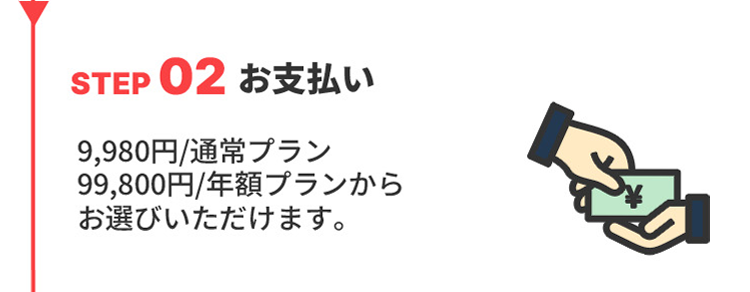 STEP02お支払い
現在\開講記念割/を適用可能です。初月1980円のお試しプラン、または3ヶ月14980円プランからお選び頂けます。