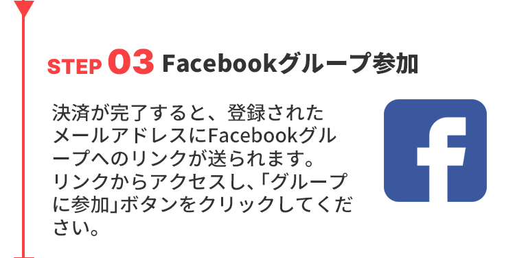 STEP03Facebookグループ参加
決済が完了すると、登録されたメールアドレスにFacebookグループへのリンクが送られます。リンクからアクセスし、「グループに参加」ボタンをクリックしてください。